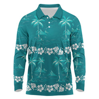 Cyan Hawaii Palm Tree Hibiscus Long Sleeve Polo Shirt Fantasy Summer Vibe