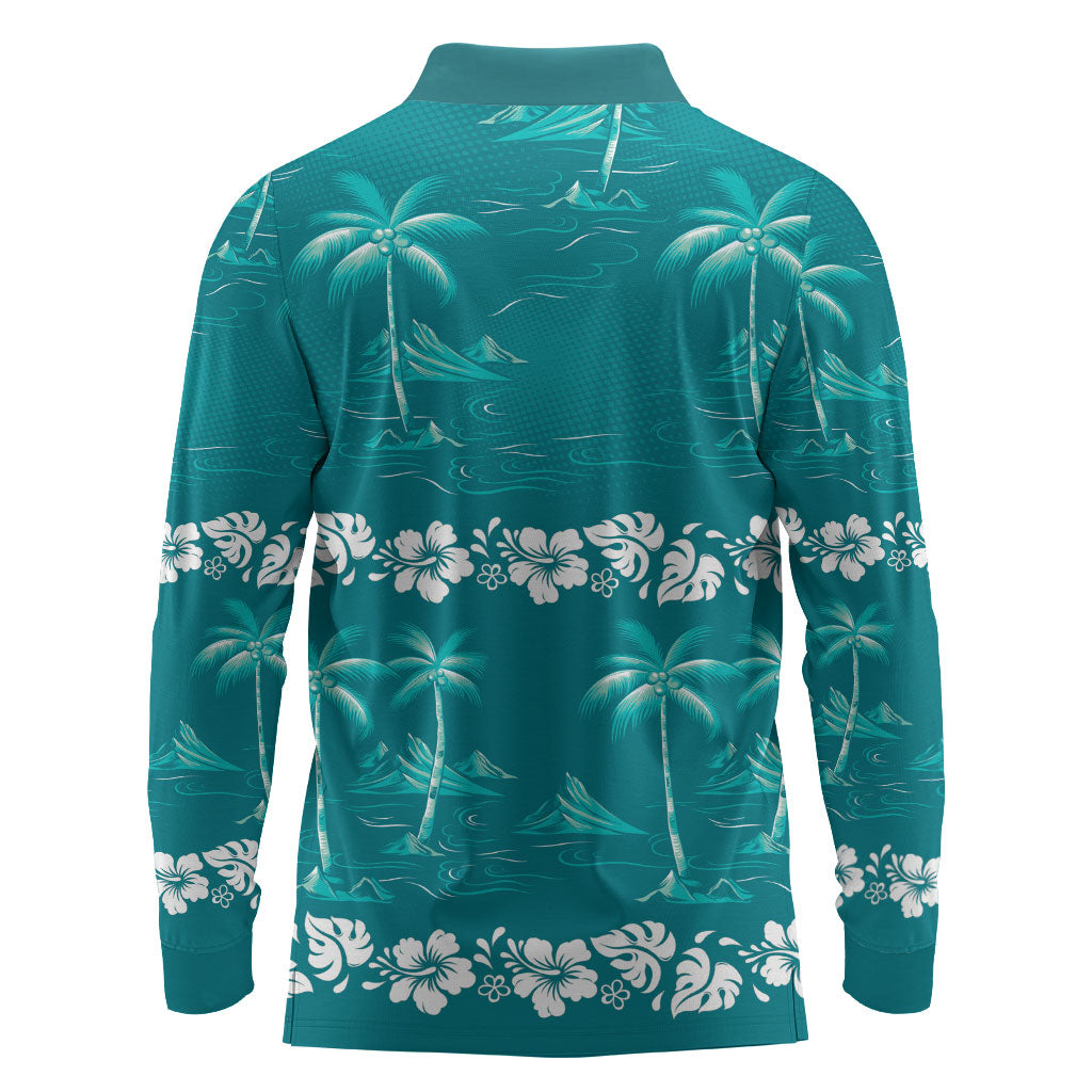 Cyan Hawaii Palm Tree Hibiscus Long Sleeve Polo Shirt Fantasy Summer Vibe