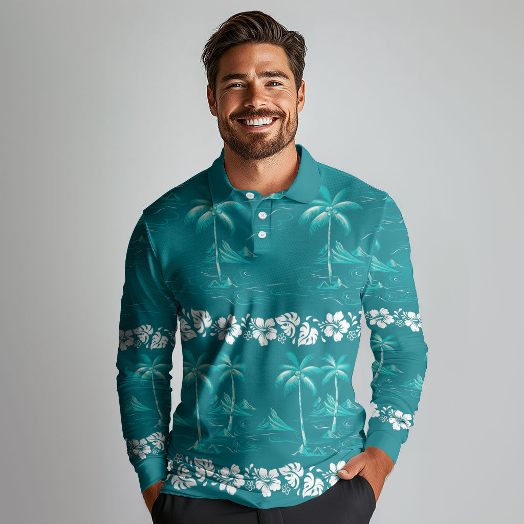 Cyan Hawaii Palm Tree Hibiscus Long Sleeve Polo Shirt Fantasy Summer Vibe