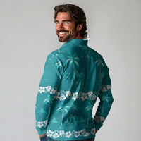 Cyan Hawaii Palm Tree Hibiscus Long Sleeve Polo Shirt Fantasy Summer Vibe