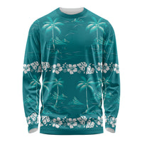 Cyan Hawaii Palm Tree Hibiscus Long Sleeve Shirt Fantasy Summer Vibe