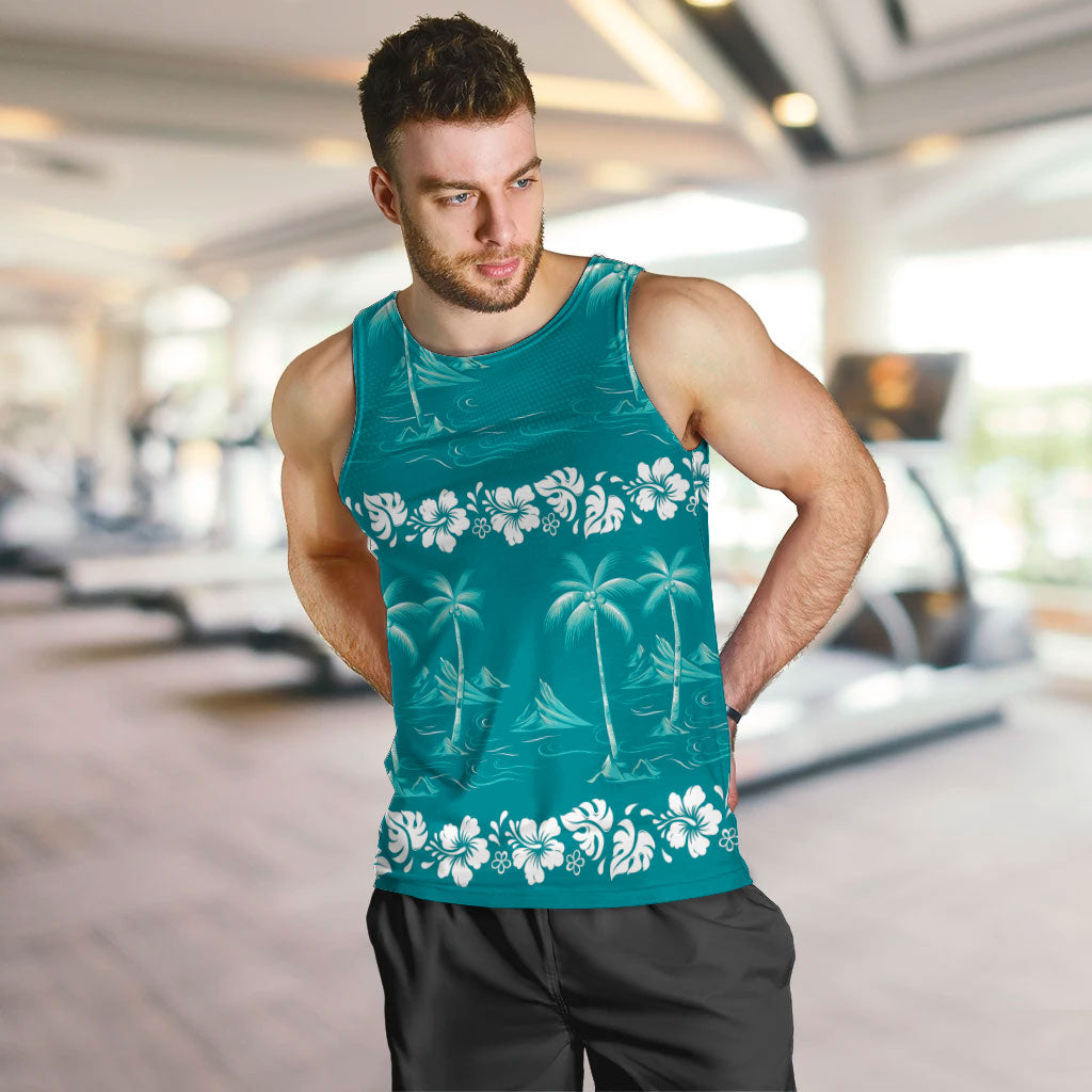 Cyan Hawaii Palm Tree Hibiscus Men Tank Top Fantasy Summer Vibe