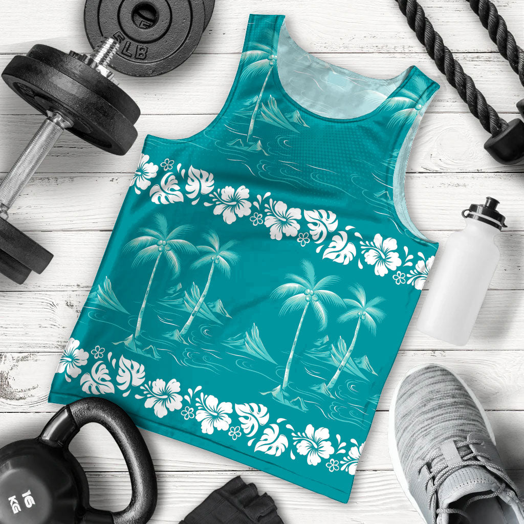 Cyan Hawaii Palm Tree Hibiscus Men Tank Top Fantasy Summer Vibe