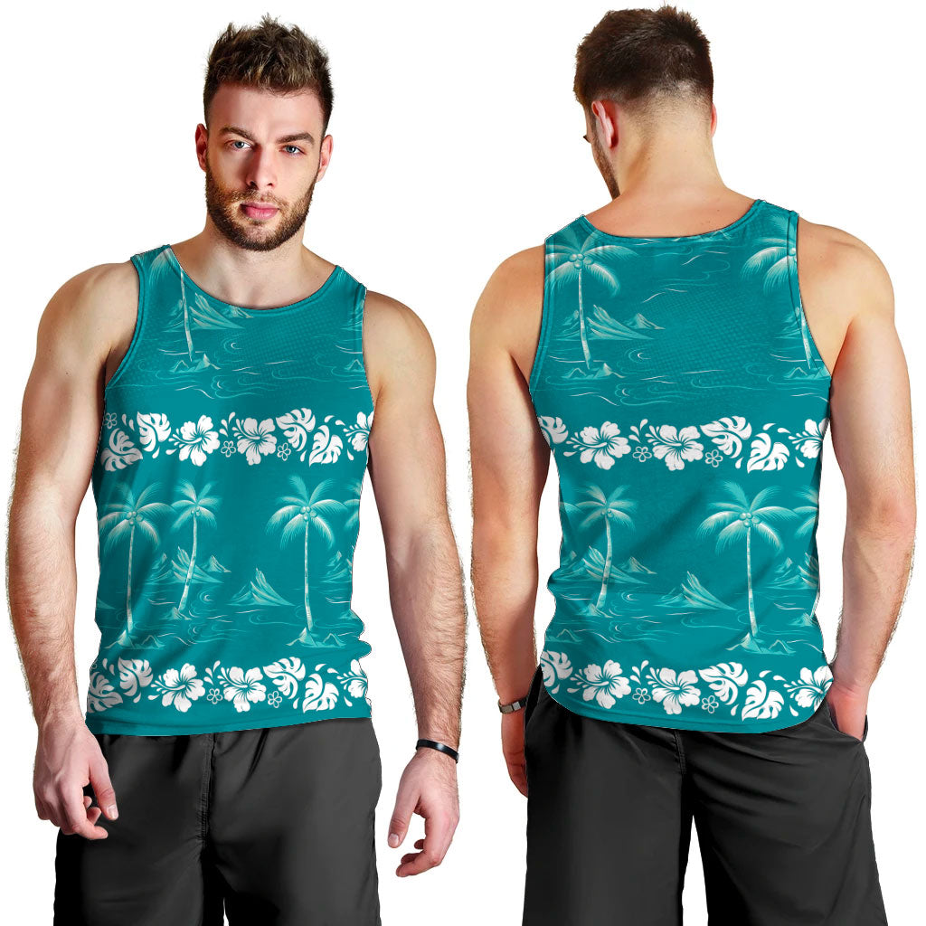 Cyan Hawaii Palm Tree Hibiscus Men Tank Top Fantasy Summer Vibe