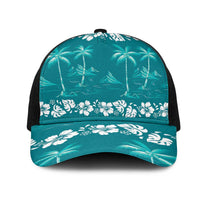 Cyan Hawaii Palm Tree Hibiscus Mesh Trucker Cap Fantasy Summer Vibe