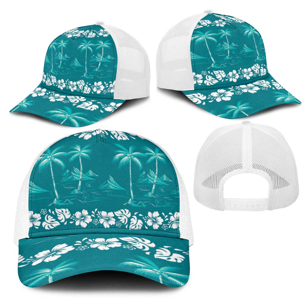 Cyan Hawaii Palm Tree Hibiscus Mesh Trucker Cap Fantasy Summer Vibe