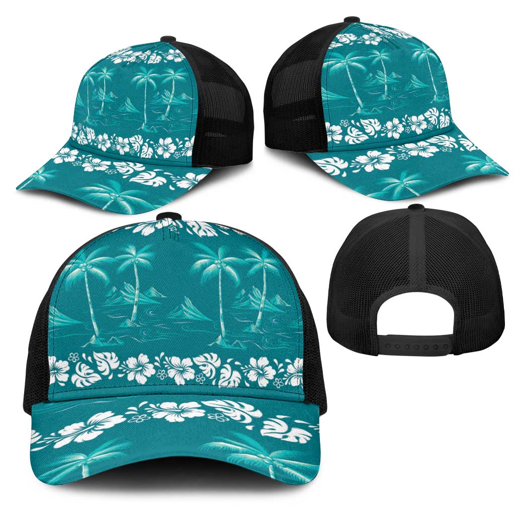 Cyan Hawaii Palm Tree Hibiscus Mesh Trucker Cap Fantasy Summer Vibe