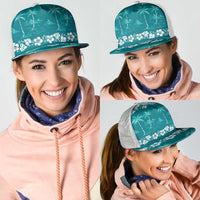 Cyan Hawaii Palm Tree Hibiscus Mesh Trucker Cap Fantasy Summer Vibe