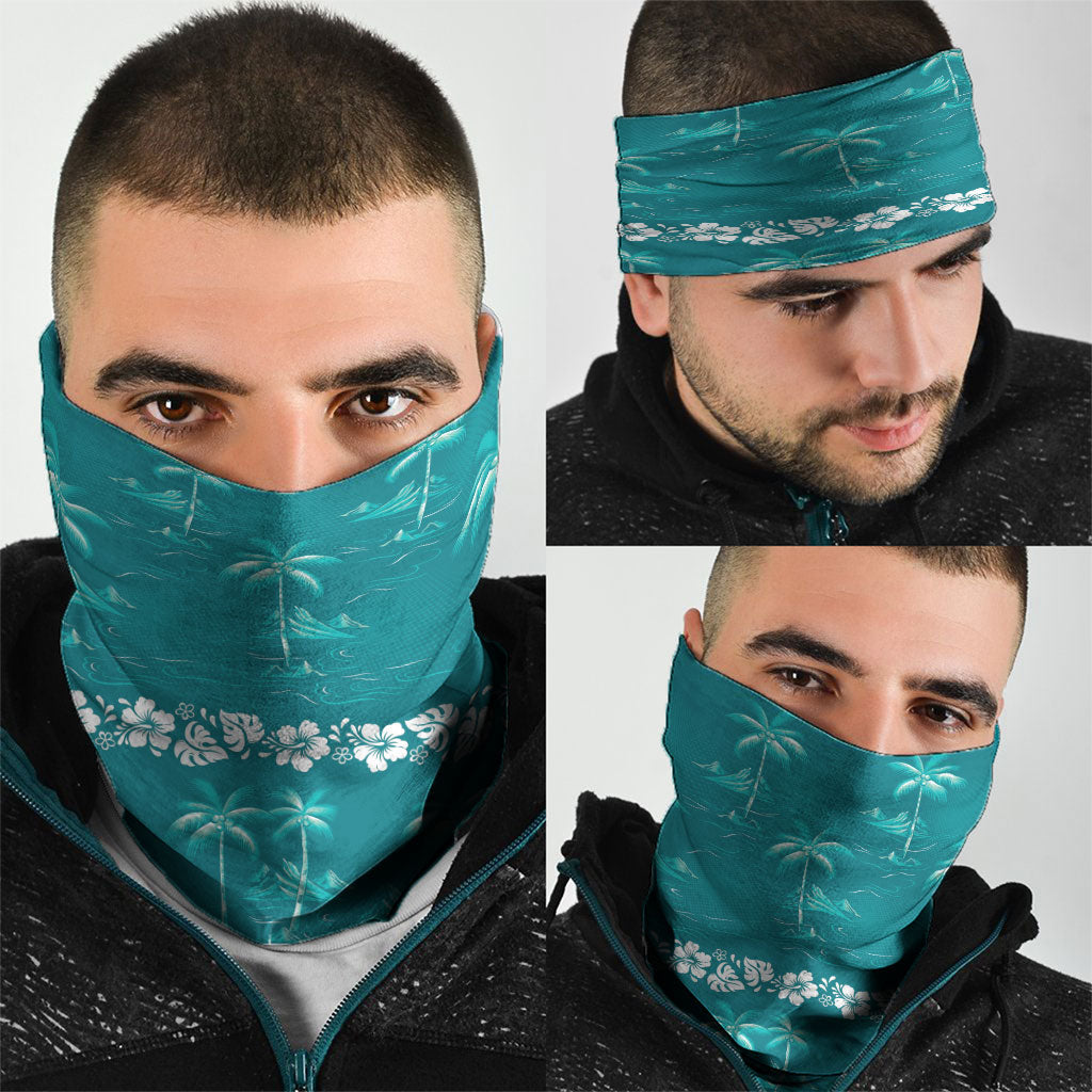 Cyan Hawaii Palm Tree Hibiscus Neck Gaiter Fantasy Summer Vibe
