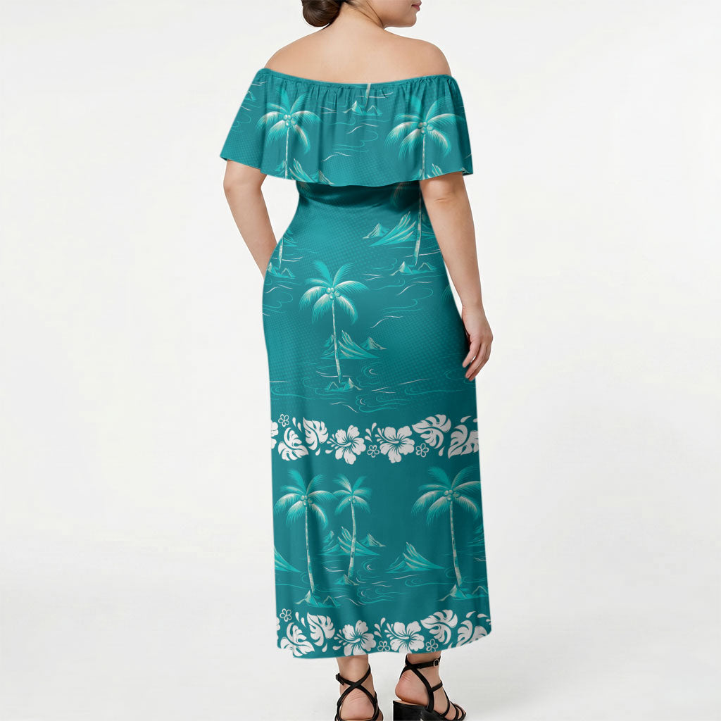 Cyan Hawaii Palm Tree Hibiscus Off Shoulder Maxi Dress Fantasy Summer Vibe