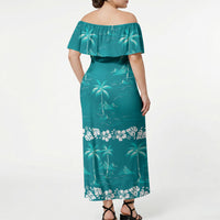 Cyan Hawaii Palm Tree Hibiscus Off Shoulder Maxi Dress Fantasy Summer Vibe