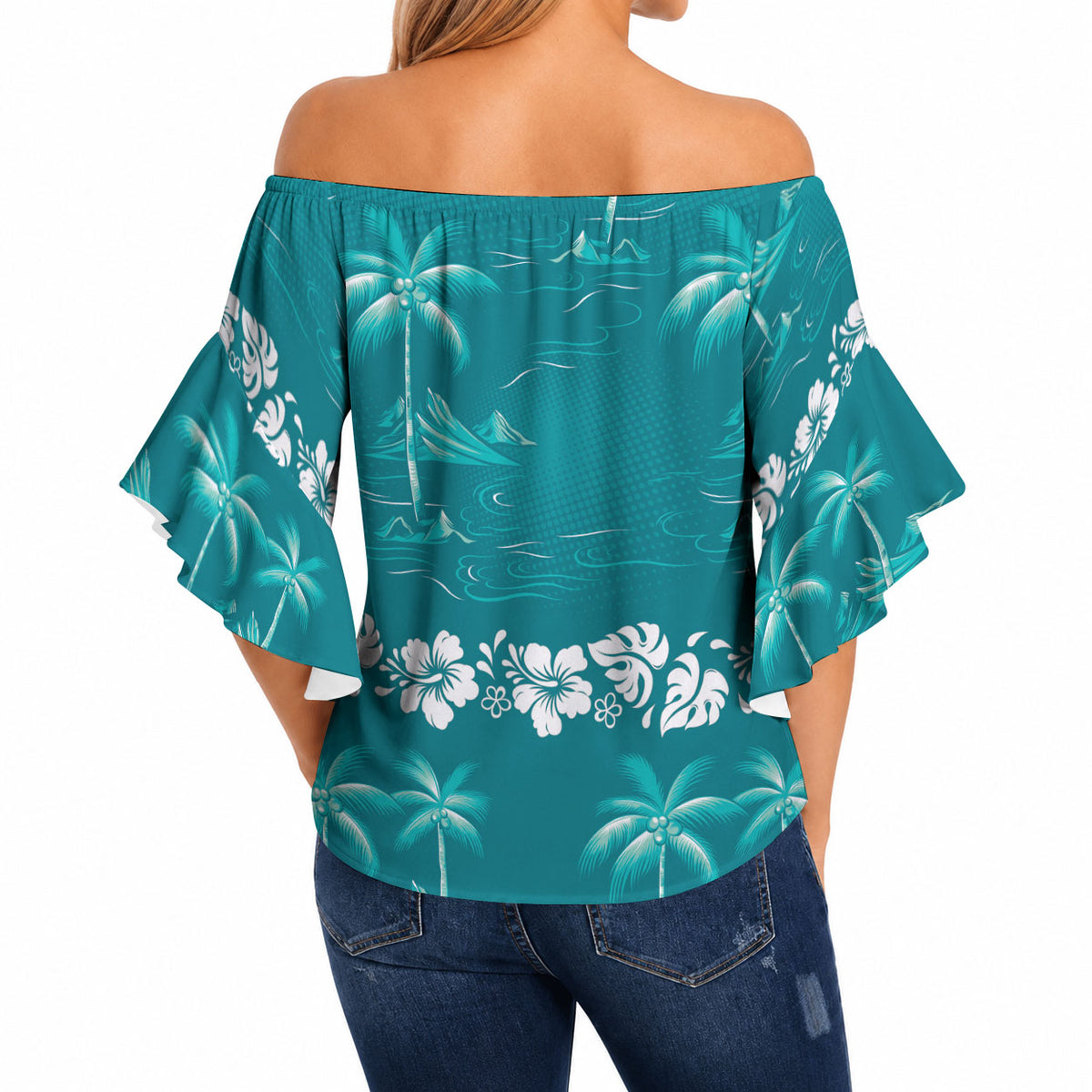 Cyan Hawaii Palm Tree Hibiscus Off Shoulder Wrap Waist Top Fantasy Summer Vibe