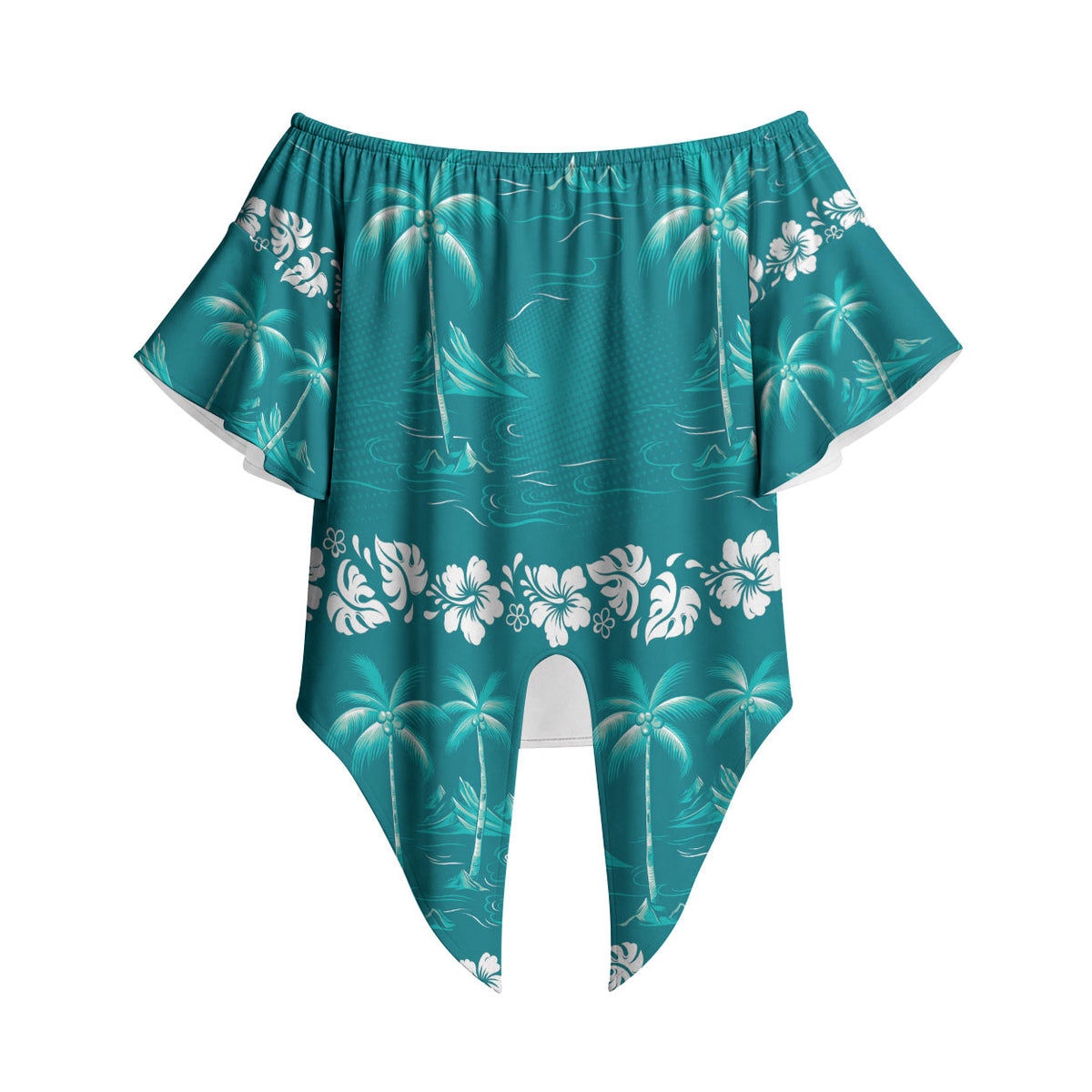 Cyan Hawaii Palm Tree Hibiscus Off Shoulder Wrap Waist Top Fantasy Summer Vibe