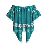 Cyan Hawaii Palm Tree Hibiscus Off Shoulder Wrap Waist Top Fantasy Summer Vibe