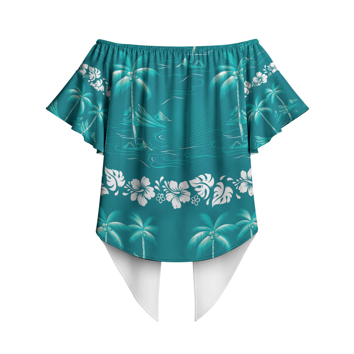 Cyan Hawaii Palm Tree Hibiscus Off Shoulder Wrap Waist Top Fantasy Summer Vibe