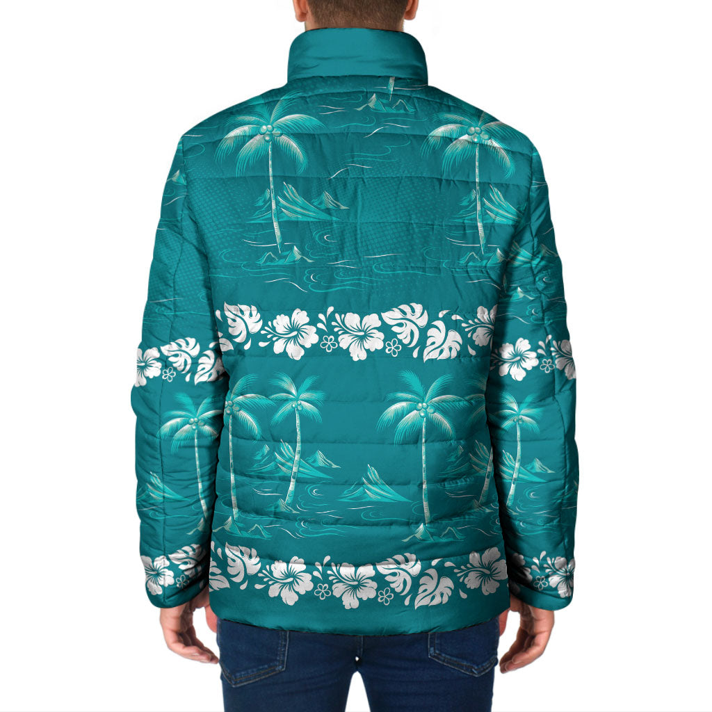 Cyan Hawaii Palm Tree Hibiscus Padded Jacket Fantasy Summer Vibe