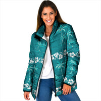 Cyan Hawaii Palm Tree Hibiscus Padded Jacket Fantasy Summer Vibe