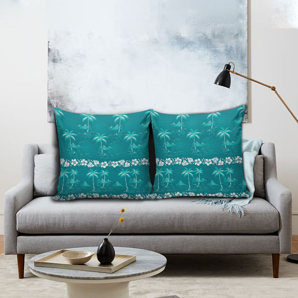 Cyan Hawaii Palm Tree Hibiscus Pillow Cover Fantasy Summer Vibe