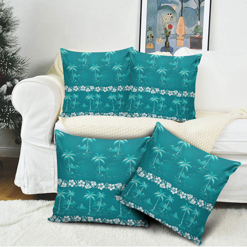 Cyan Hawaii Palm Tree Hibiscus Pillow Cover Fantasy Summer Vibe