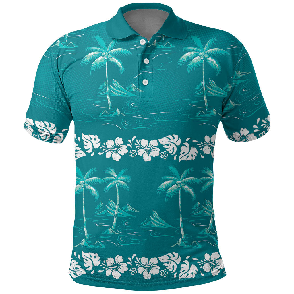 Cyan Hawaii Palm Tree Hibiscus Polo Shirt Fantasy Summer Vibe