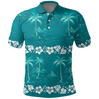Cyan Hawaii Palm Tree Hibiscus Polo Shirt Fantasy Summer Vibe