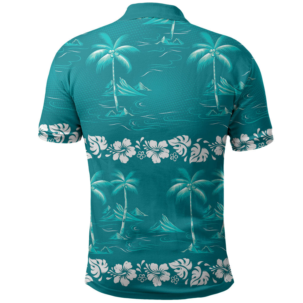 Cyan Hawaii Palm Tree Hibiscus Polo Shirt Fantasy Summer Vibe