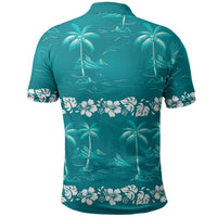 Cyan Hawaii Palm Tree Hibiscus Polo Shirt Fantasy Summer Vibe