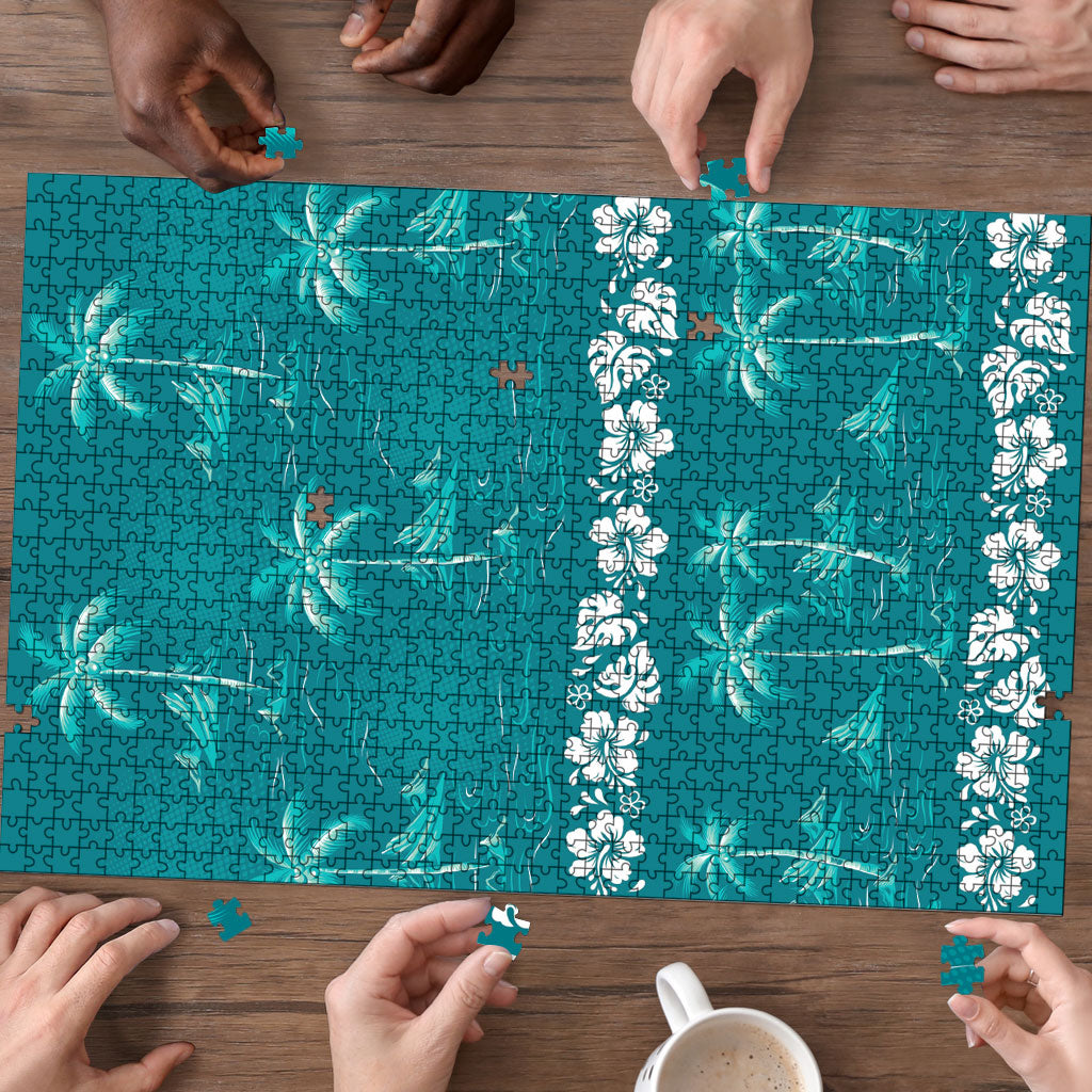 Cyan Hawaii Palm Tree Hibiscus Puzzle Fantasy Summer Vibe