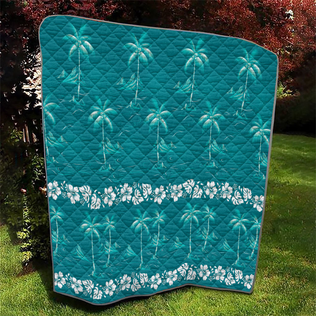 Cyan Hawaii Palm Tree Hibiscus Quilt Fantasy Summer Vibe