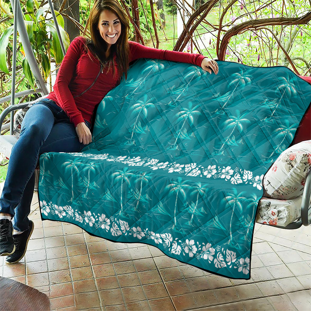 Cyan Hawaii Palm Tree Hibiscus Quilt Fantasy Summer Vibe