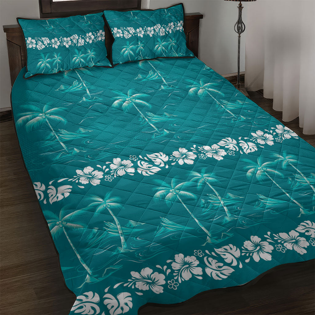 Cyan Hawaii Palm Tree Hibiscus Quilt Bed Set Fantasy Summer Vibe