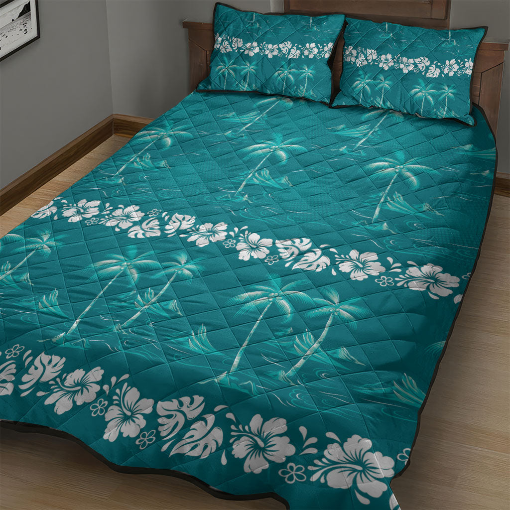 Cyan Hawaii Palm Tree Hibiscus Quilt Bed Set Fantasy Summer Vibe