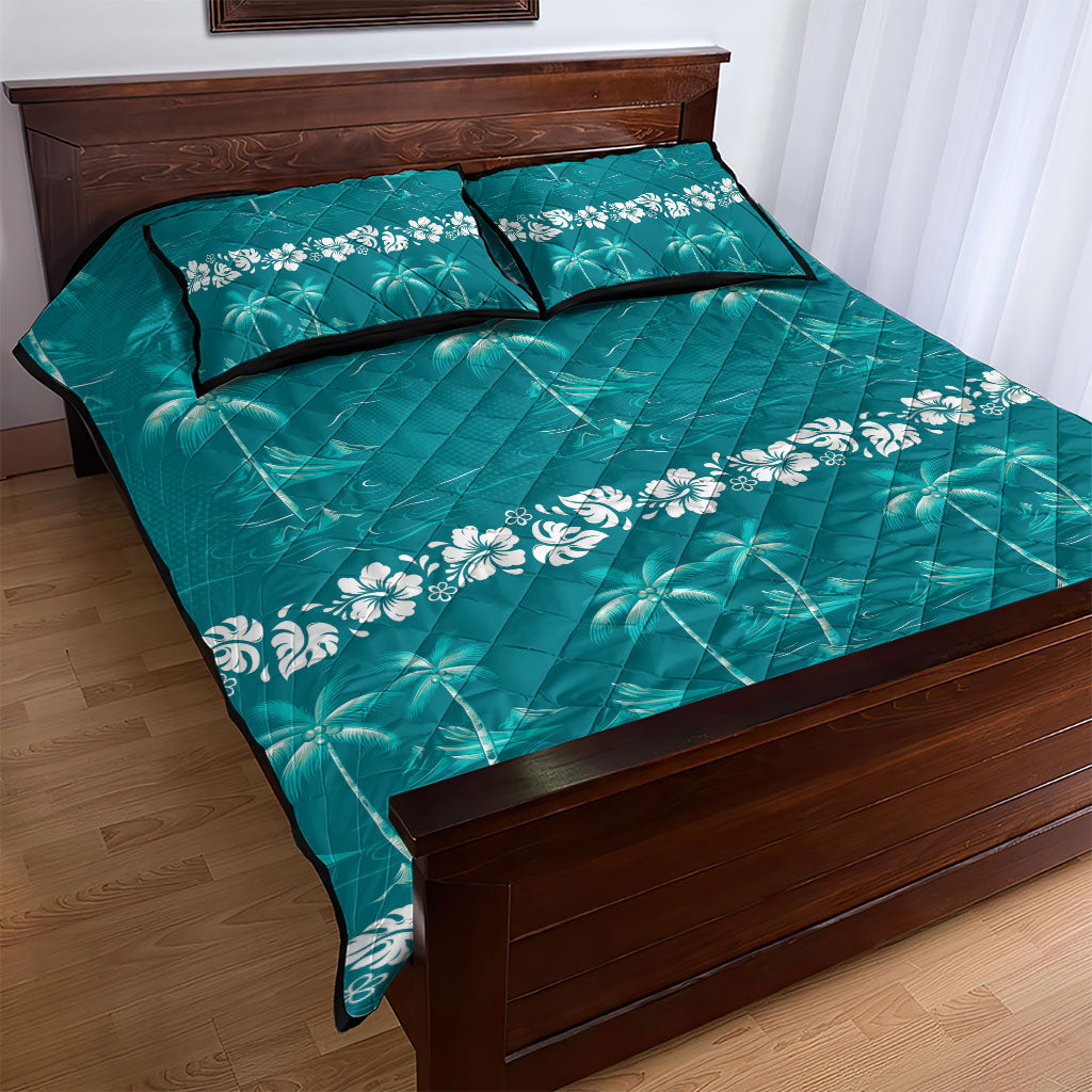 Cyan Hawaii Palm Tree Hibiscus Quilt Bed Set Fantasy Summer Vibe