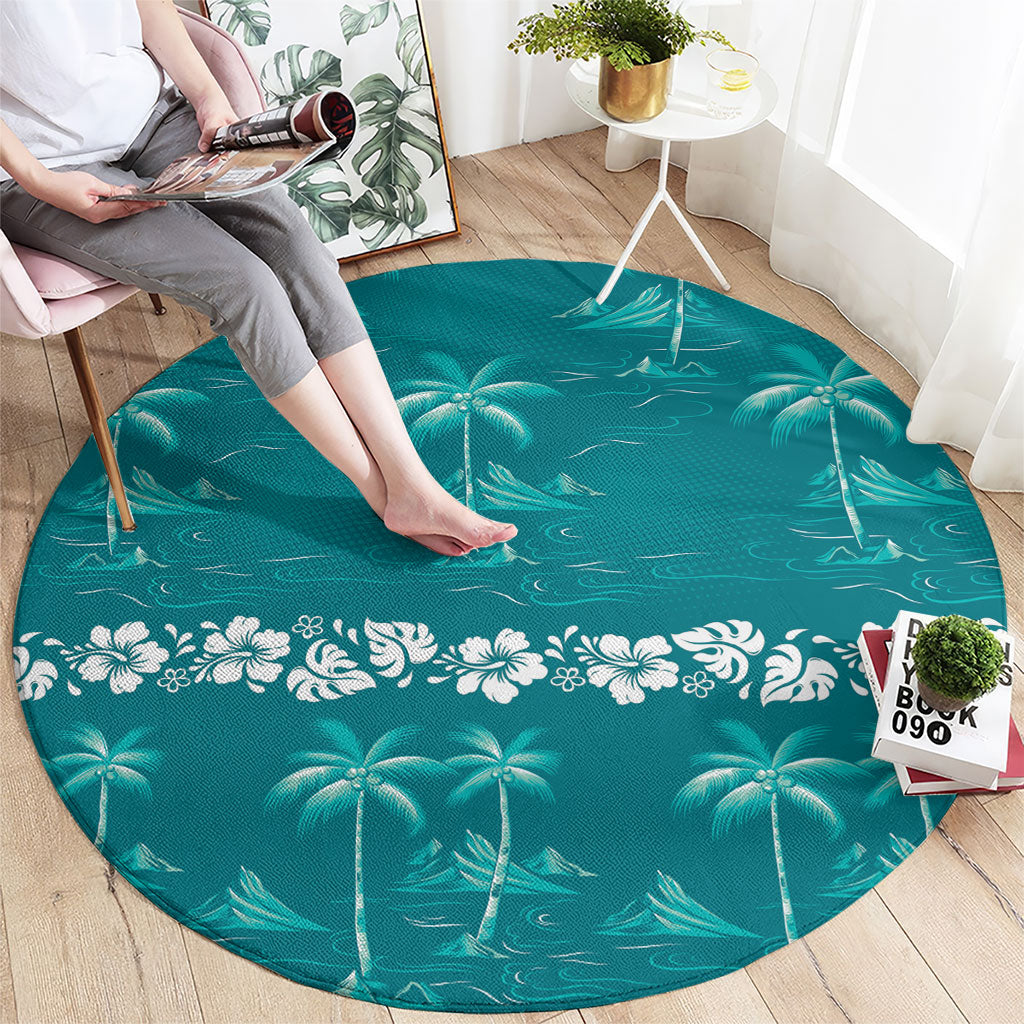 Cyan Hawaii Palm Tree Hibiscus Round Carpet Fantasy Summer Vibe