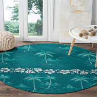 Cyan Hawaii Palm Tree Hibiscus Round Carpet Fantasy Summer Vibe