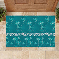 Cyan Hawaii Palm Tree Hibiscus Rubber Doormat Fantasy Summer Vibe