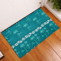 Cyan Hawaii Palm Tree Hibiscus Rubber Doormat Fantasy Summer Vibe
