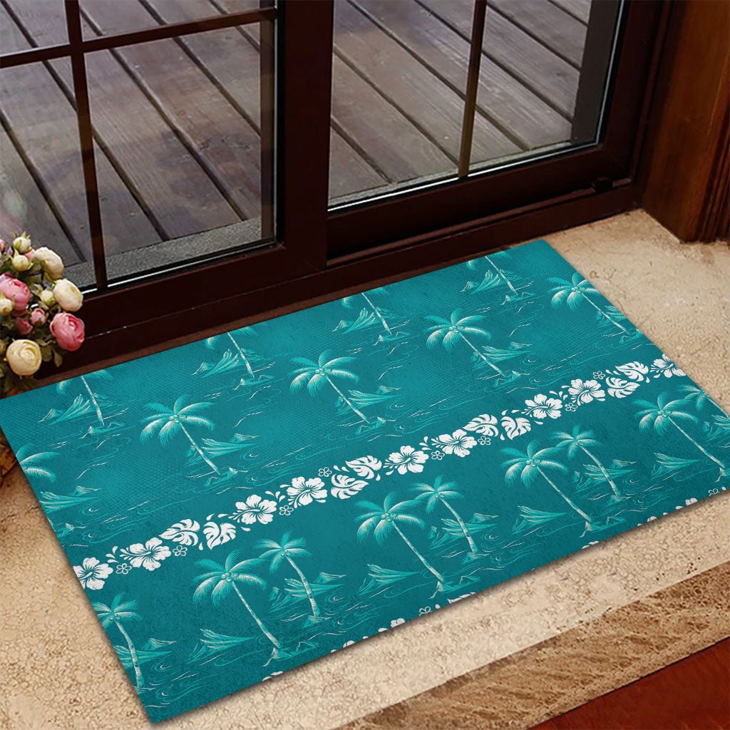 Cyan Hawaii Palm Tree Hibiscus Rubber Doormat Fantasy Summer Vibe