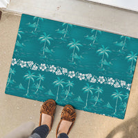Cyan Hawaii Palm Tree Hibiscus Rubber Doormat Fantasy Summer Vibe