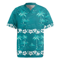 Cyan Hawaii Palm Tree Hibiscus Rugby Jersey Fantasy Summer Vibe