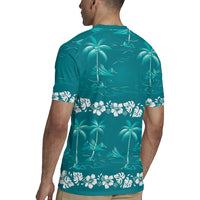 Cyan Hawaii Palm Tree Hibiscus Rugby Jersey Fantasy Summer Vibe
