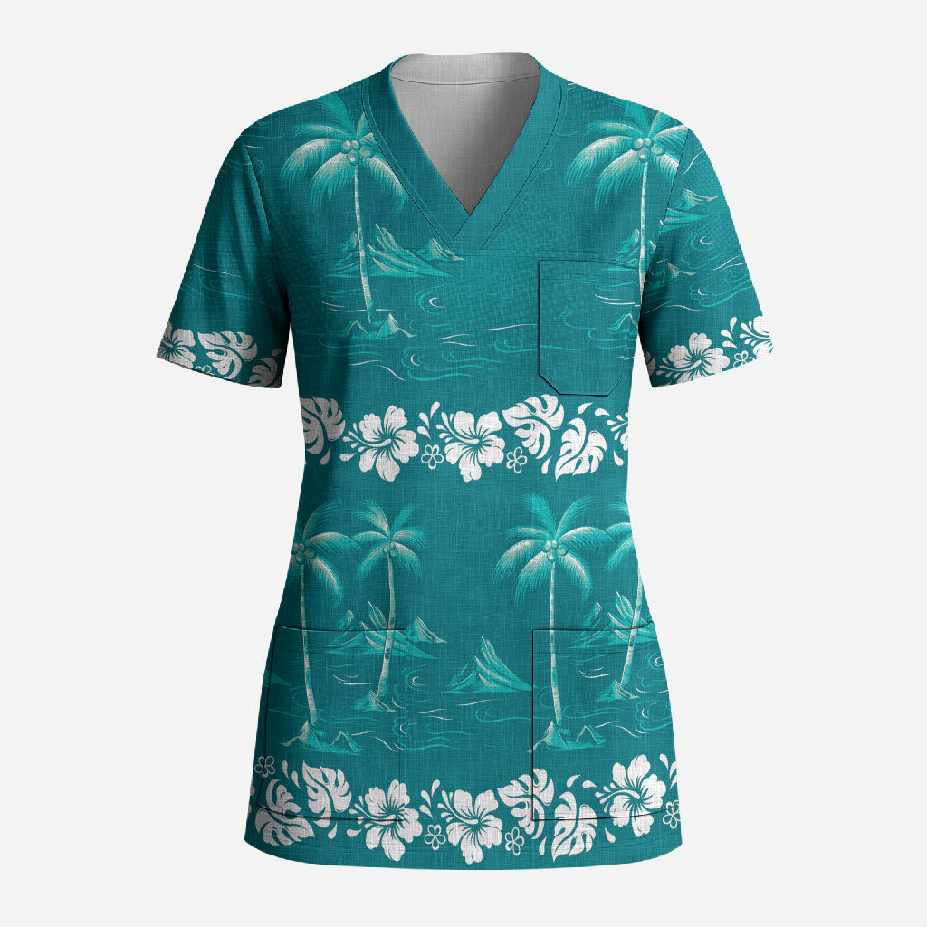 Cyan Hawaii Palm Tree Hibiscus Scrub Top Fantasy Summer Vibe