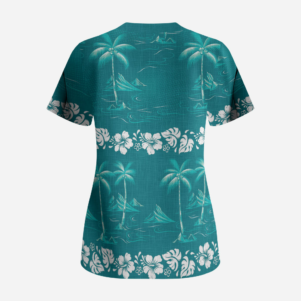 Cyan Hawaii Palm Tree Hibiscus Scrub Top Fantasy Summer Vibe