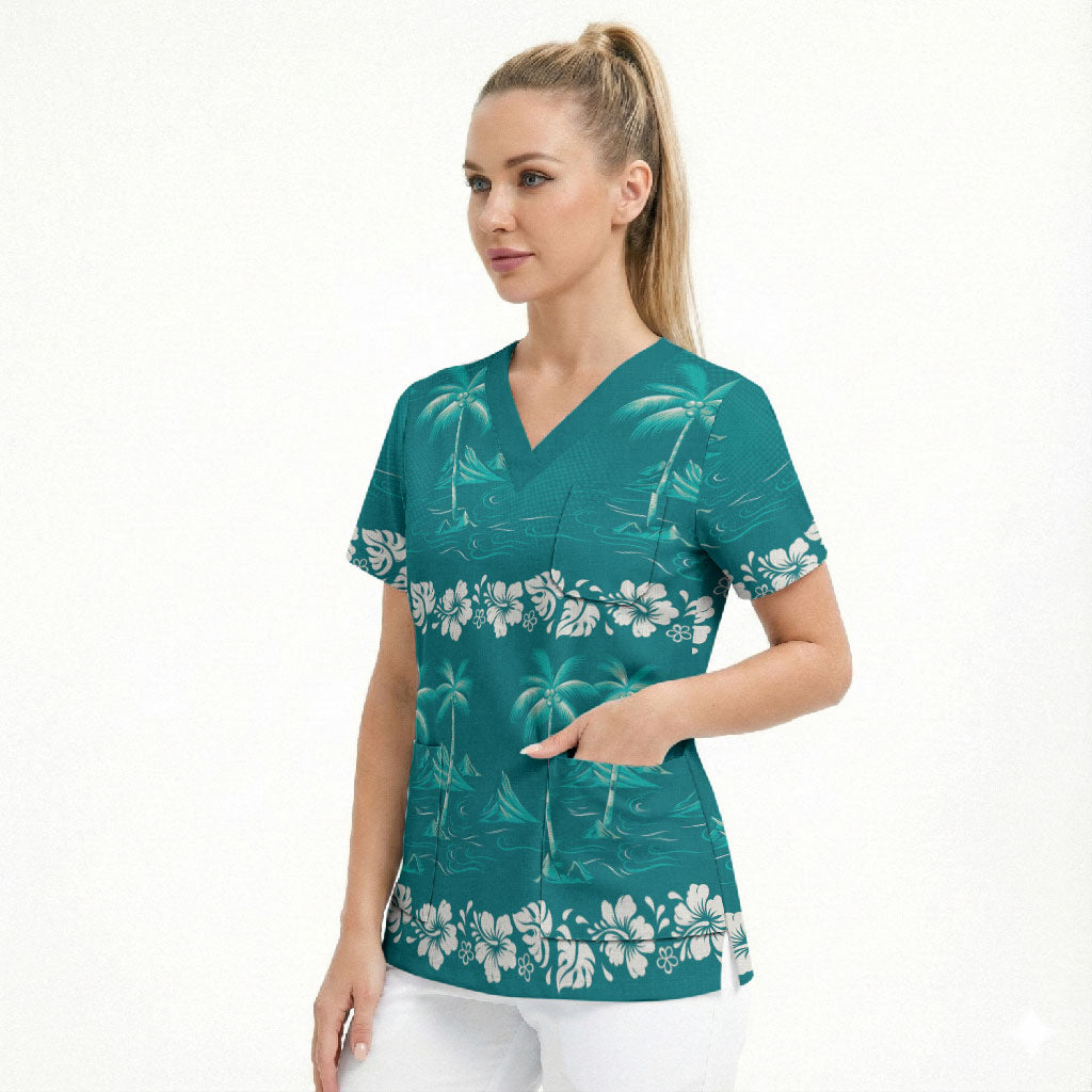 Cyan Hawaii Palm Tree Hibiscus Scrub Top Fantasy Summer Vibe