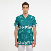 Cyan Hawaii Palm Tree Hibiscus Scrub Top Fantasy Summer Vibe