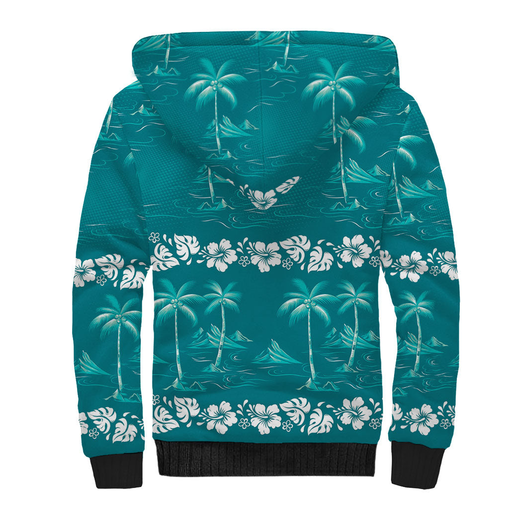 Cyan Hawaii Palm Tree Hibiscus Sherpa Hoodie Fantasy Summer Vibe