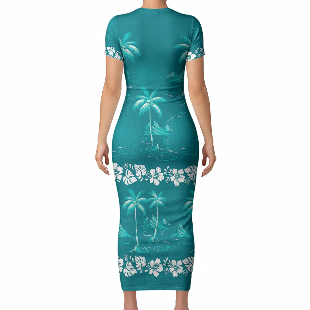 Cyan Hawaii Palm Tree Hibiscus Short Sleeve Bodycon Dress Fantasy Summer Vibe