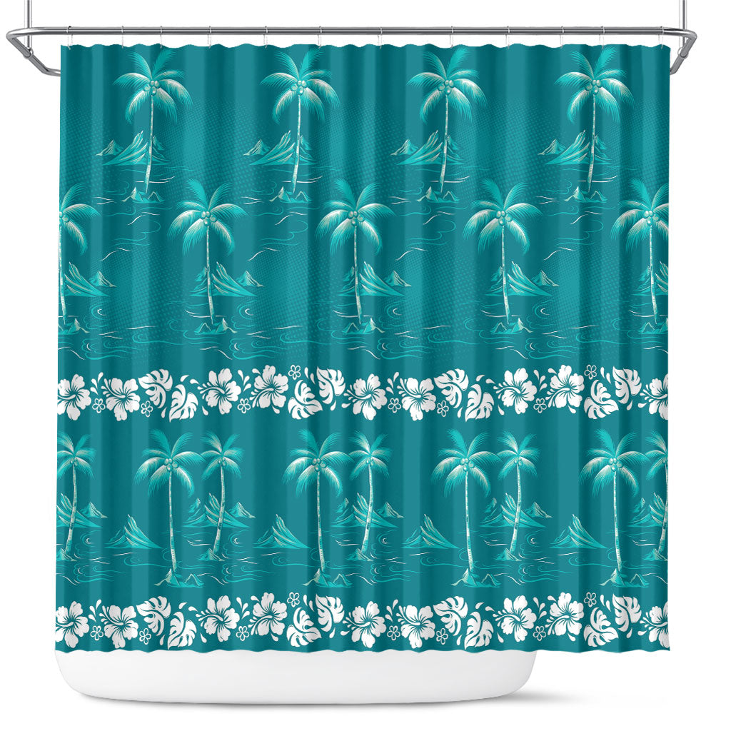 Cyan Hawaii Palm Tree Hibiscus Shower Curtain Fantasy Summer Vibe