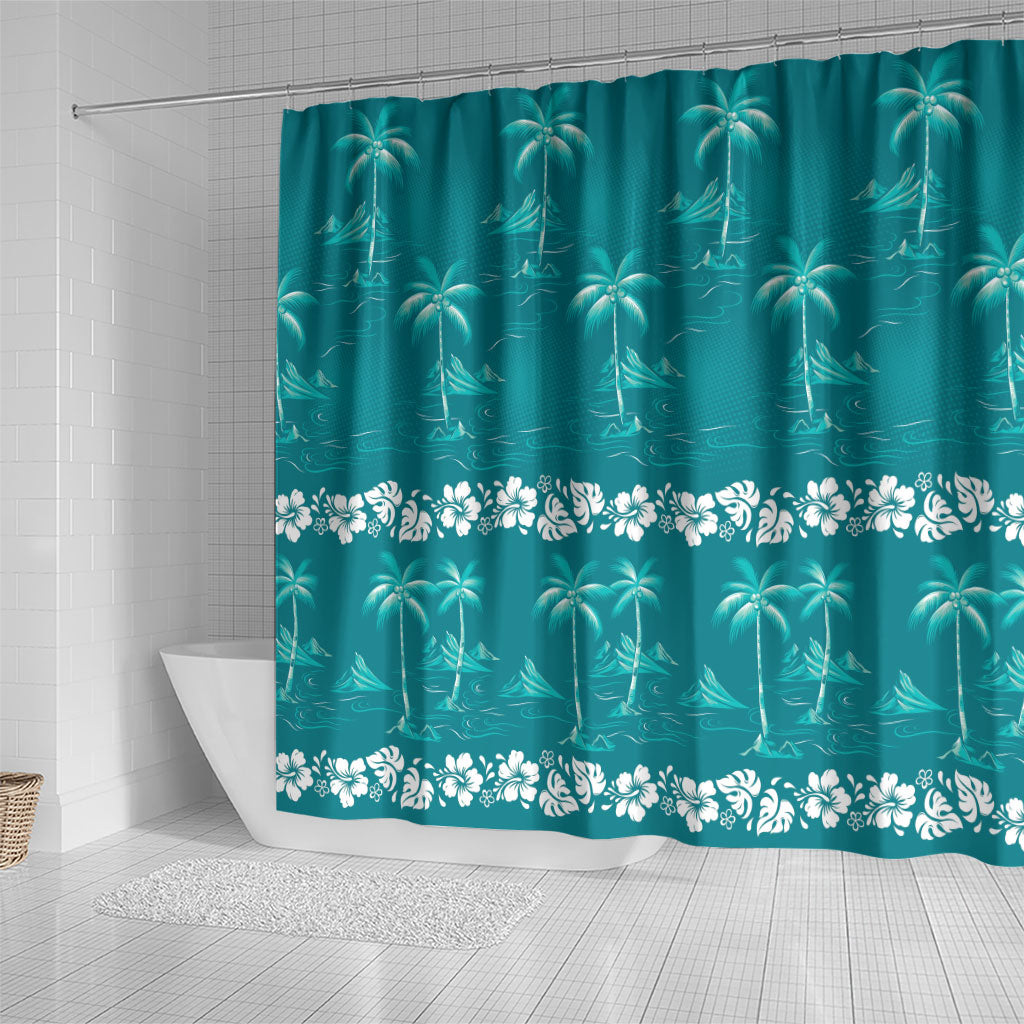 Cyan Hawaii Palm Tree Hibiscus Shower Curtain Fantasy Summer Vibe