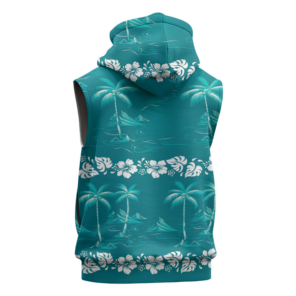 Cyan Hawaii Palm Tree Hibiscus Sleeveless Hoodie Fantasy Summer Vibe